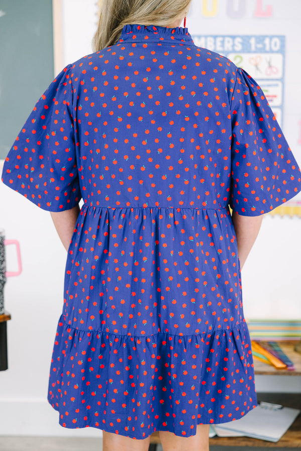 Plus size navy babydoll dress with red apple pattern