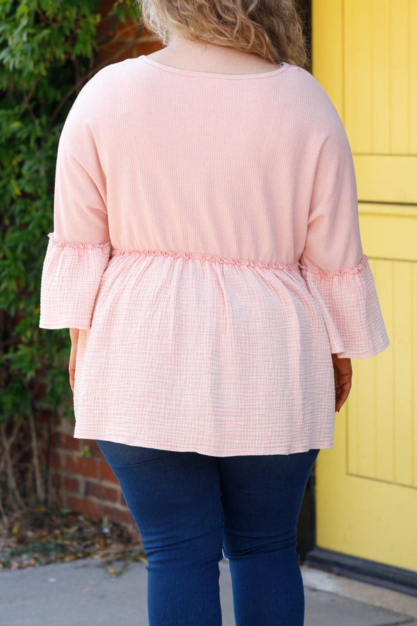 Chic Soul plus size clothing, apricot textured babydoll top with bell sleeves
