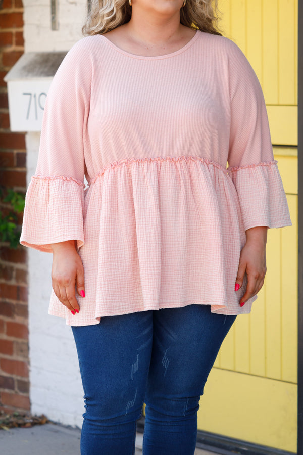 Chic Soul plus size clothing, apricot textured babydoll top with bell sleeves