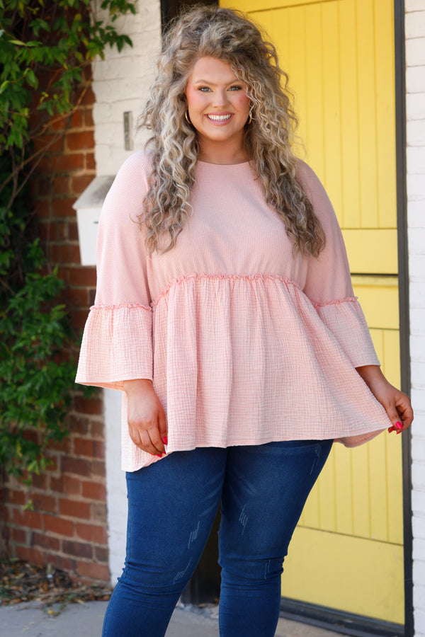 Chic Soul plus size clothing, apricot textured babydoll top with bell sleeves