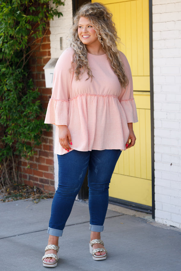 Chic Soul plus size clothing, apricot textured babydoll top with bell sleeves