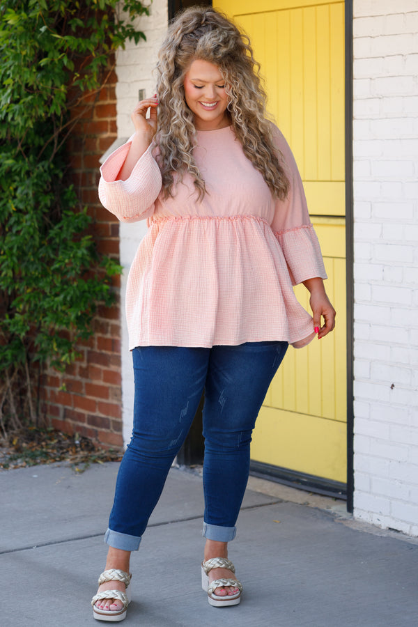 Chic Soul plus size clothing, apricot textured babydoll top with bell sleeves