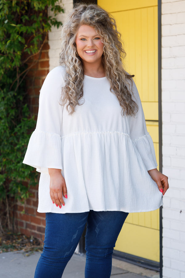 Chic Soul plus size clothing, white textured babydoll top with bell sleeves