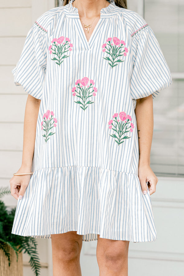 Chic Soul plus size clothing, Blue stripe short dress with various floral prints and bubble sleeves 