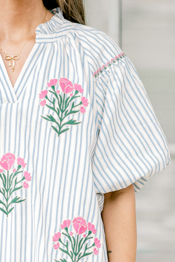 Chic Soul plus size clothing, Blue stripe short dress with various floral prints and bubble sleeves 