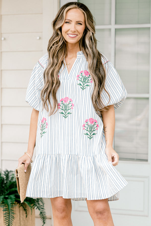 Chic Soul plus size clothing, Blue stripe short dress with various floral prints and bubble sleeves 