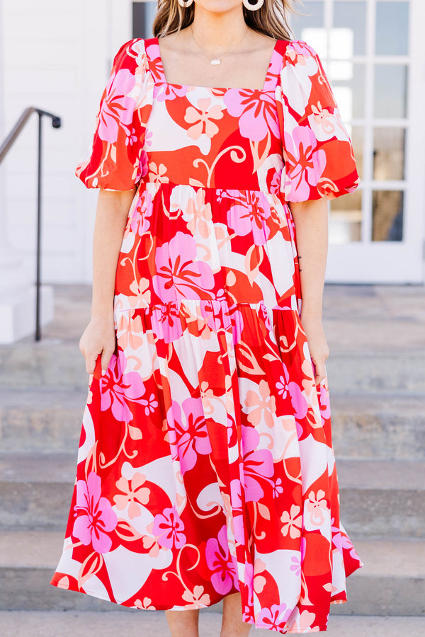 Chic Soul plus size clothing, red combo midi dress with square neck and short puff sleeves with red/pink/white floral print