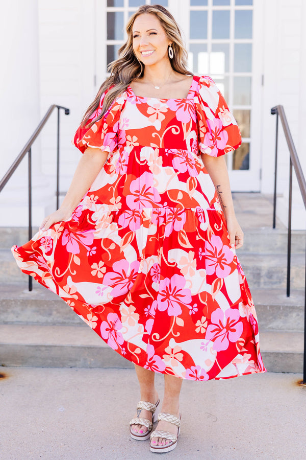Chic Soul plus size clothing, red combo midi dress with square neck and short puff sleeves with red/pink/white floral print