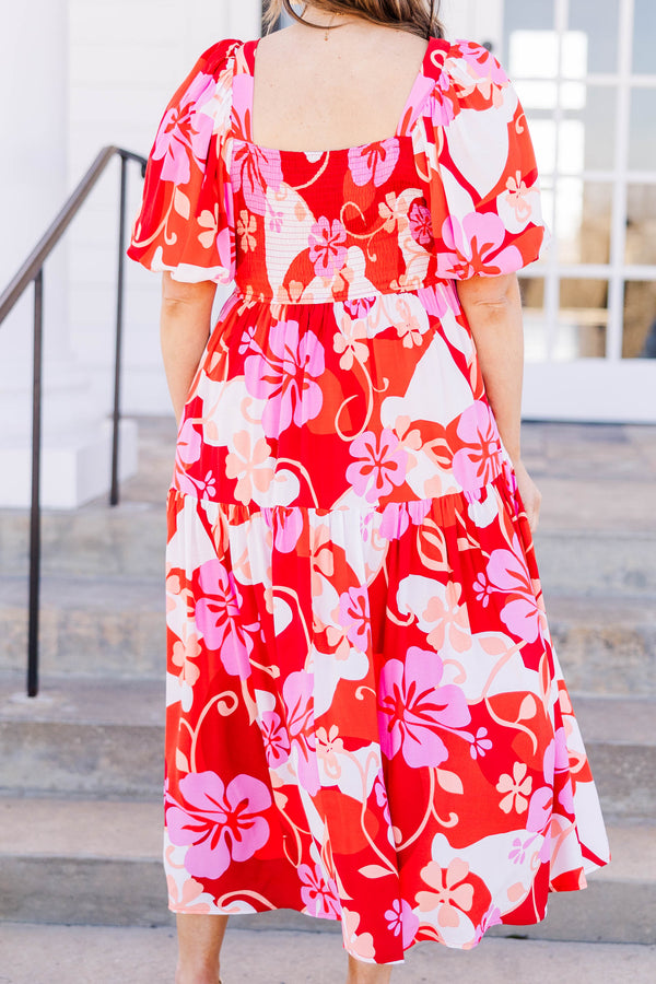 Chic Soul plus size clothing, red combo midi dress with square neck and short puff sleeves with red/pink/white floral print