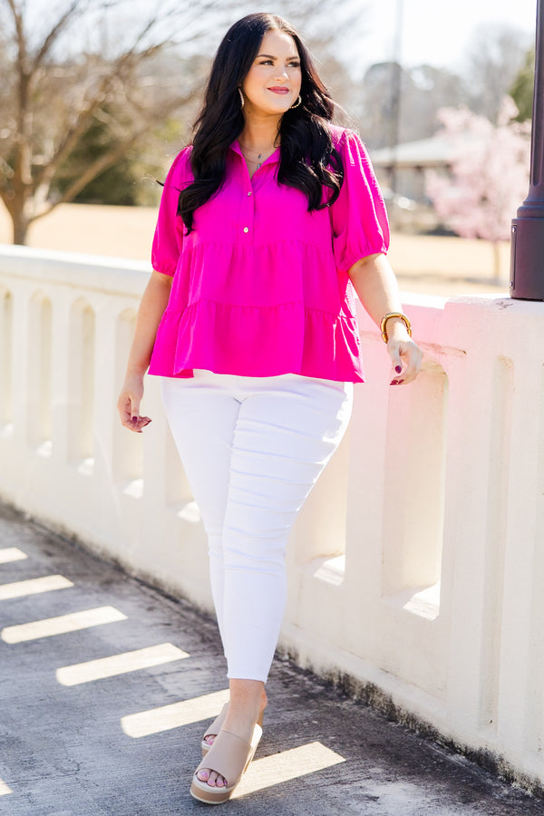 Chic Soul plus size clothing, fuchsia babydoll tio with collar, three buttons, and elastic band on sleeves