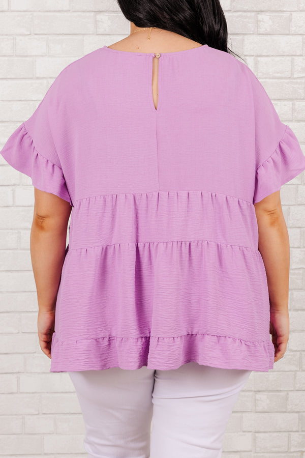 Chic Soul plus size clothing, short sleeve lilac ruffled baby doll top
