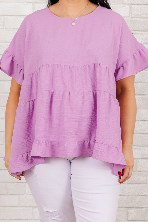 Chic Soul plus size clothing, short sleeve lilac ruffled baby doll top