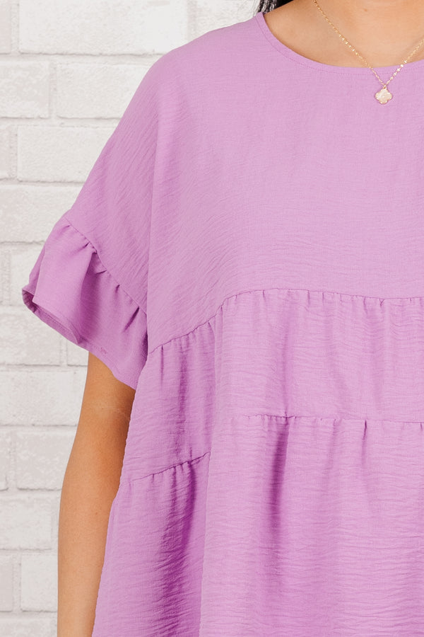 Chic Soul plus size clothing, short sleeve lilac ruffled baby doll top