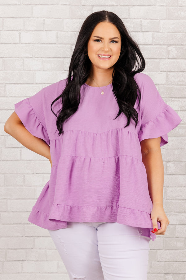Chic Soul plus size clothing, short sleeve lilac ruffled baby doll top