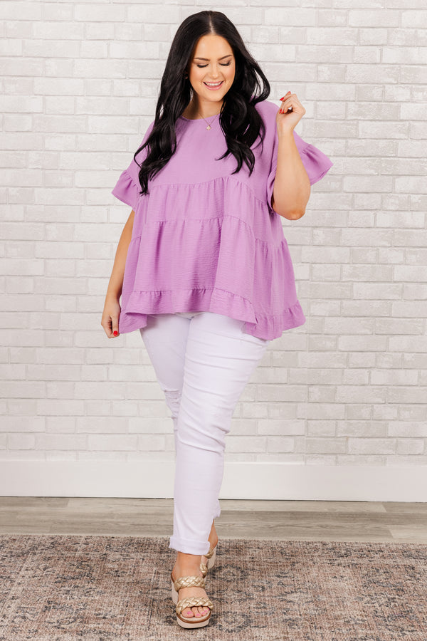 Chic Soul plus size clothing, short sleeve lilac ruffled baby doll top