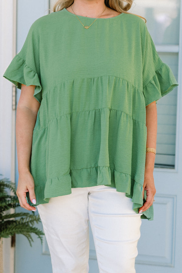 Chic Soul plus size clothing, green babydoll short sleeve top