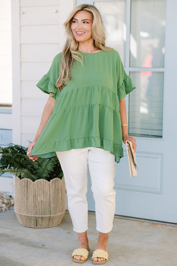 Chic Soul plus size clothing, green babydoll short sleeve top