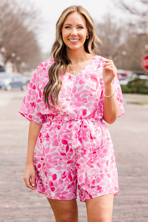 Chic Soul plus size clothing, pink short sleeve romper with floral pattern with v neckline and tie waist detail