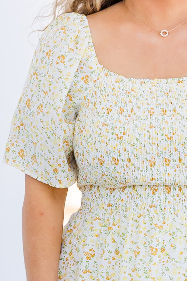 Chic Soul plus size clothing, yellow floral print midi dress with smocked top and short sleeves