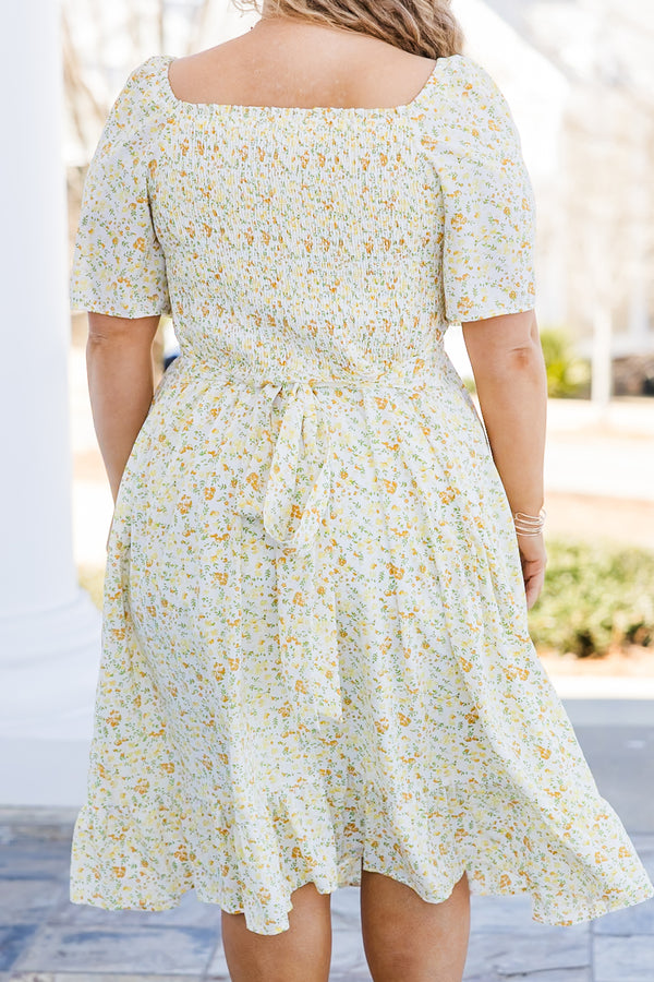 Chic Soul plus size clothing, yellow floral print midi dress with smocked top and short sleeves