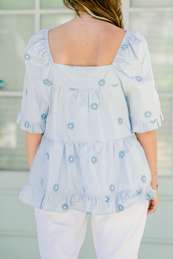 Chic Soul plus size clothing, light blue short sleeve babydoll top with embroidered flowers