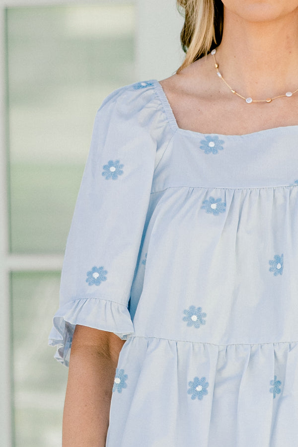 Chic Soul plus size clothing, light blue short sleeve babydoll top with embroidered flowers