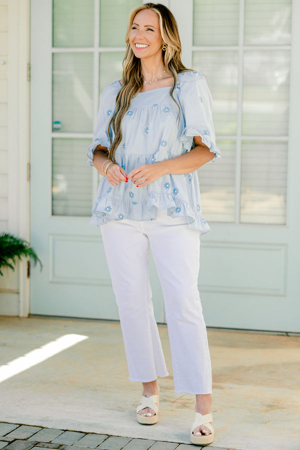 Chic Soul plus size clothing, light blue short sleeve babydoll top with embroidered flowers