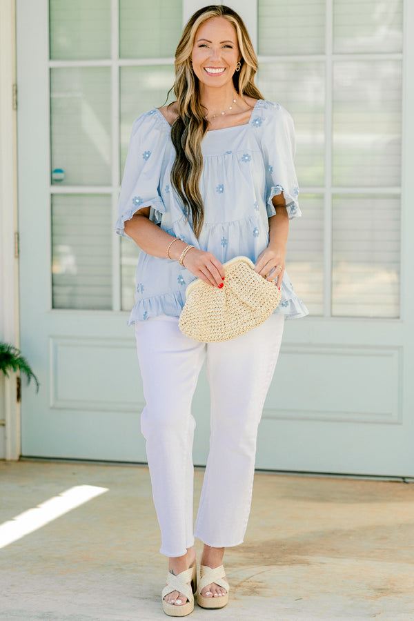 Chic Soul plus size clothing, light blue short sleeve babydoll top with embroidered flowers