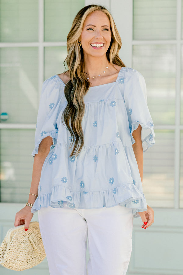 Chic Soul plus size clothing, light blue short sleeve babydoll top with embroidered flowers