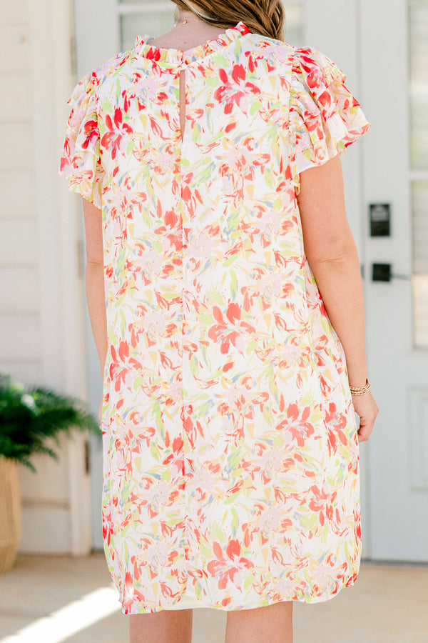 Chic Soul plus size clothing, burnt red and cream floral dress with flutter sleeves and high neckline