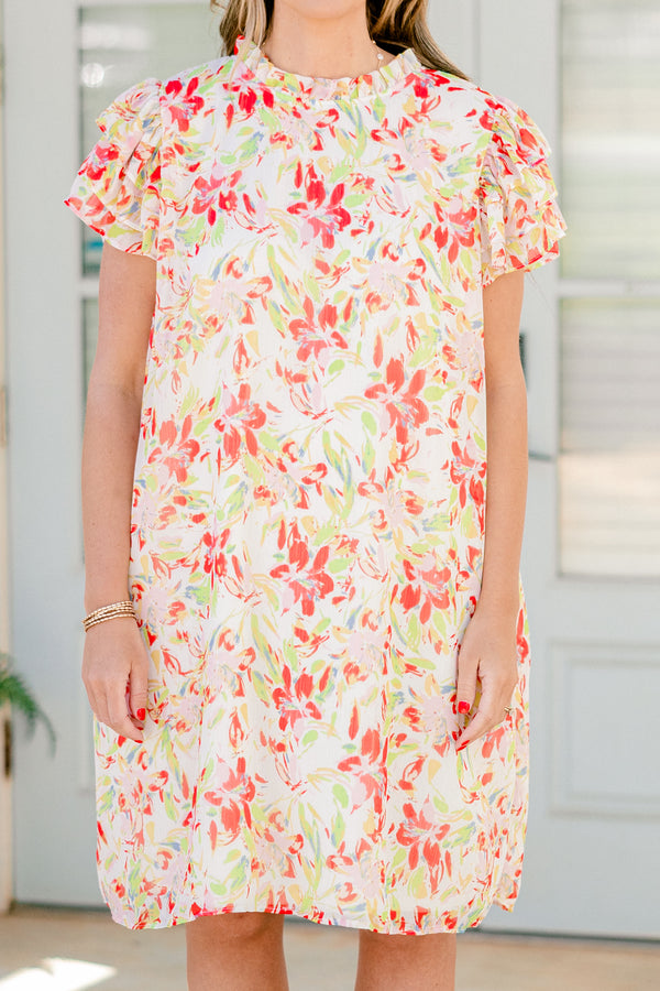 Chic Soul plus size clothing, burnt red and cream floral dress with flutter sleeves and high neckline