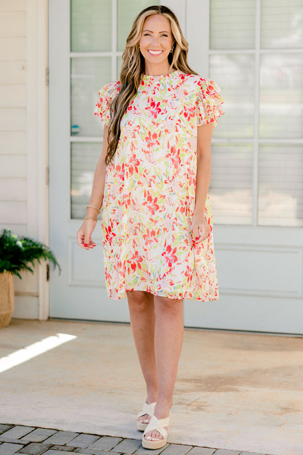 Chic Soul plus size clothing, burnt red and cream floral dress with flutter sleeves and high neckline