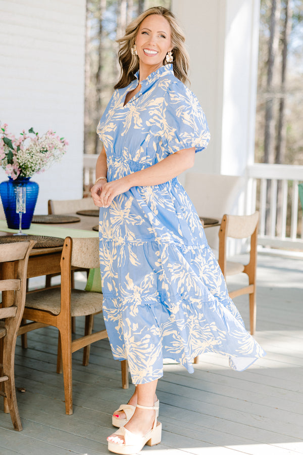 Chic Soul plus size clothing, blue puff sleeve midi dress with white floral print 