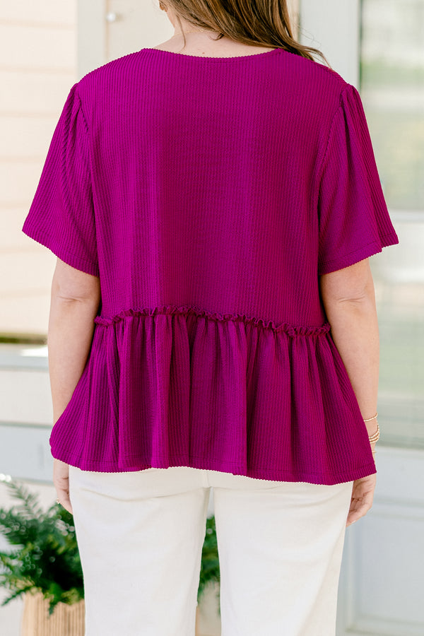 Chic soul plus size clothing, purple stripe short sleeve top, with a tie bow at the bottom of the neckline