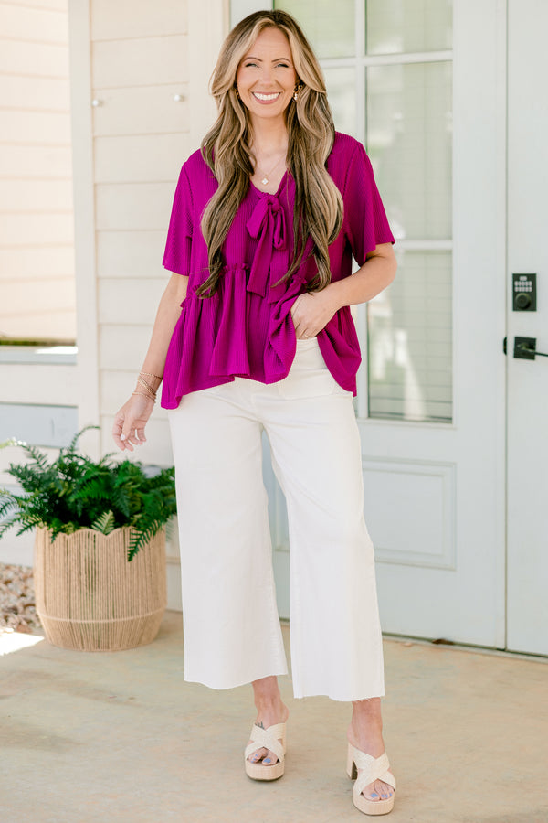 Chic soul plus size clothing, purple stripe short sleeve top, with a tie bow at the bottom of the neckline