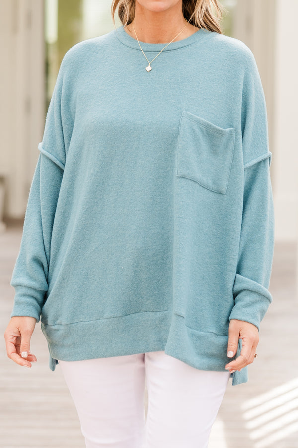 Chic Soul plus size clothing, dusty teal long sleeve fuzzy sweater with round neckline with chest pocket and outer stitching detail with cuff on sleeves and bottom with slit on side