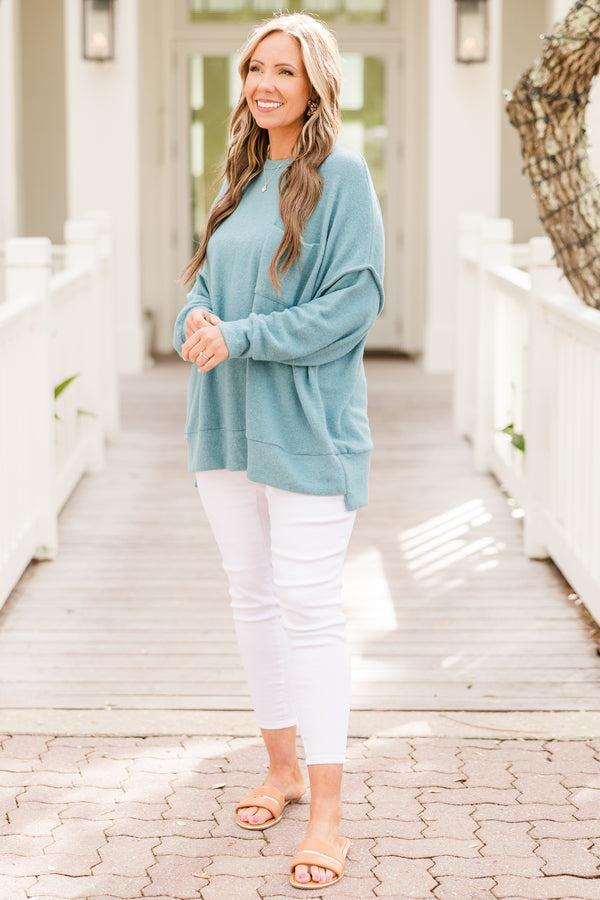 Chic Soul plus size clothing, dusty teal long sleeve fuzzy sweater with round neckline with chest pocket and outer stitching detail with cuff on sleeves and bottom with slit on side