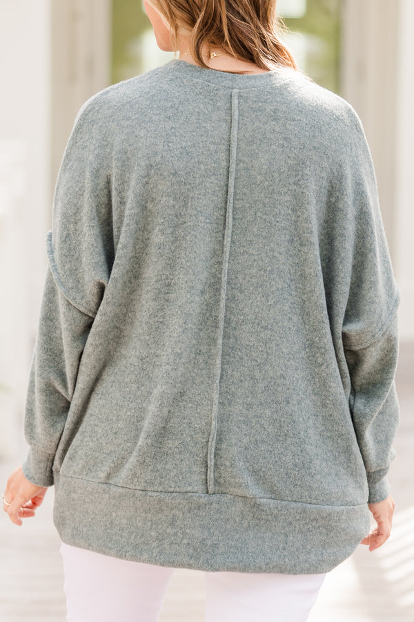 Chic Soul plus size clothing, ash jade long sleeve fuzzy sweater with round neckline with chest pocket and outer stitching detail with cuff on sleeves and bottom with slit on side