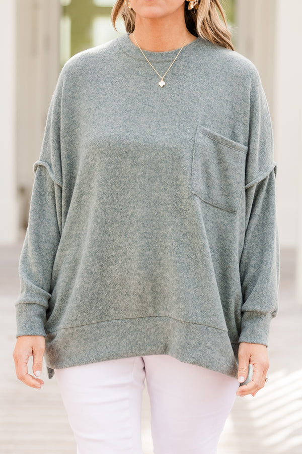 Chic Soul plus size clothing, ash jade long sleeve fuzzy sweater with round neckline with chest pocket and outer stitching detail with cuff on sleeves and bottom with slit on side