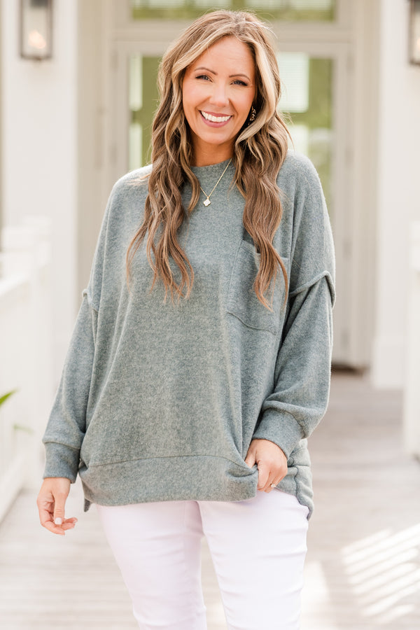 Chic Soul plus size clothing, ash jade long sleeve fuzzy sweater with round neckline with chest pocket and outer stitching detail with cuff on sleeves and bottom with slit on side