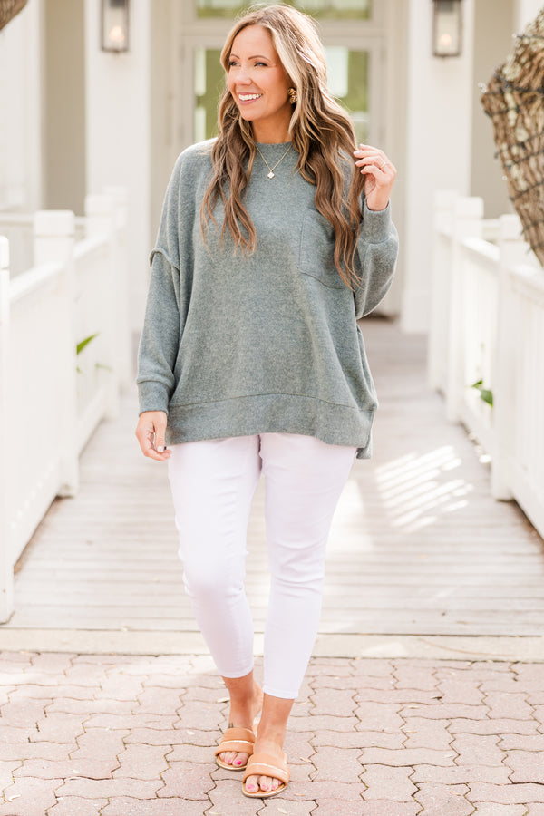 Chic Soul plus size clothing, ash jade long sleeve fuzzy sweater with round neckline with chest pocket and outer stitching detail with cuff on sleeves and bottom with slit on side