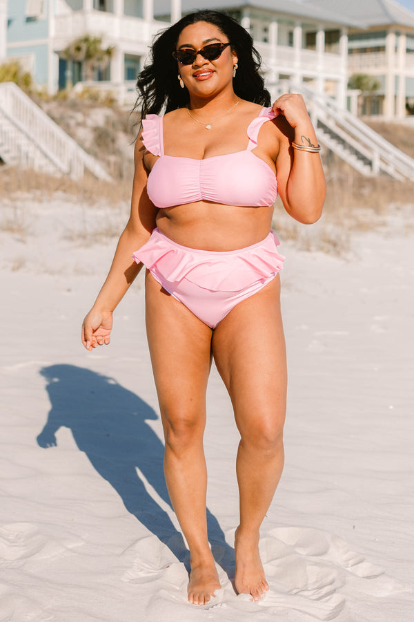 Chic Soul plus size clothing, pink swim top with rushing in the center with ruffle strap sleeves 