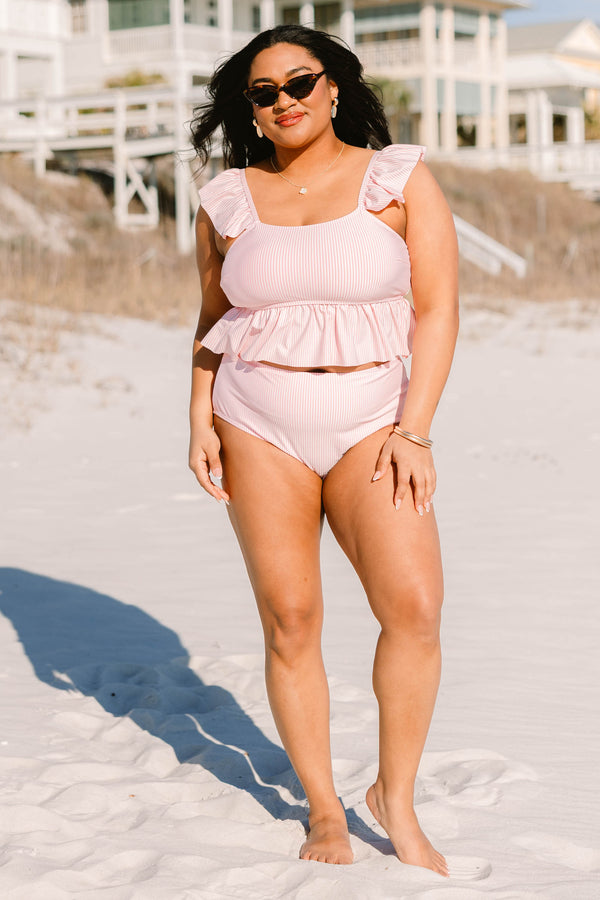 Chic Soul plus size clothing, pink and white striped mid-waisted tankini bottoms 