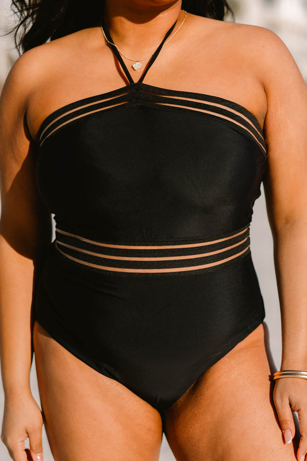 Chic soul plus size clothing, black one piece halter swimsuit with sheer strap detailing at the neckline and waist