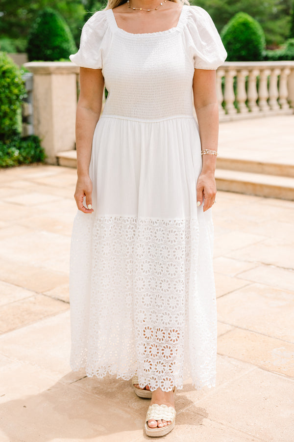 Chic Soul plus size clothing, white short sleeve midi dress with crocheted lower half