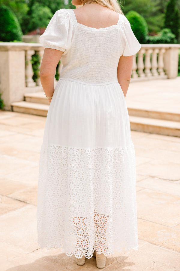 Chic Soul plus size clothing, white short sleeve midi dress with crocheted lower half