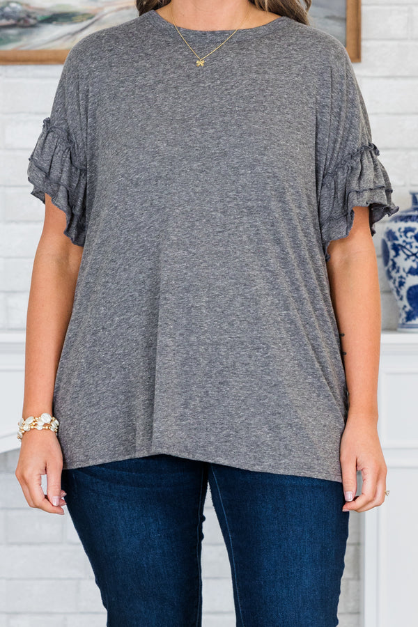 Chic Soul plus size clothing, charcoal gray top with ruffles on the sleeves and a round neckline