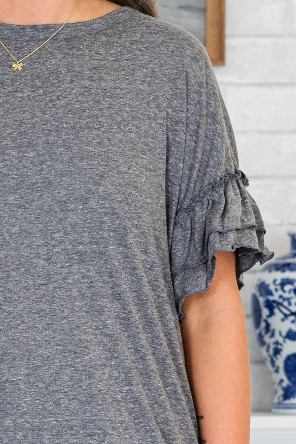 Chic Soul plus size clothing, charcoal gray top with ruffles on the sleeves and a round neckline