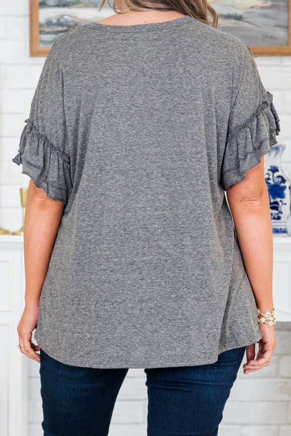 Chic Soul plus size clothing, charcoal gray top with ruffles on the sleeves and a round neckline