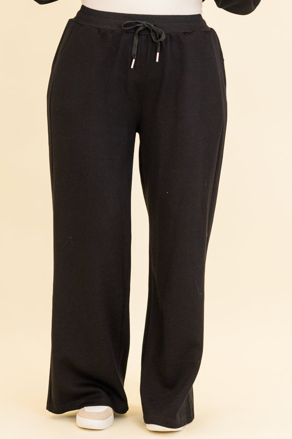 Chic Soul plus size clothing, black long straight leg pants with stretchy waistband and drawstring detail